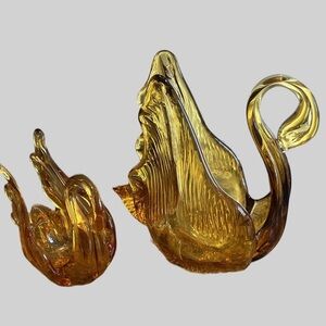 Vintage Amber Glass Swans Large and Small